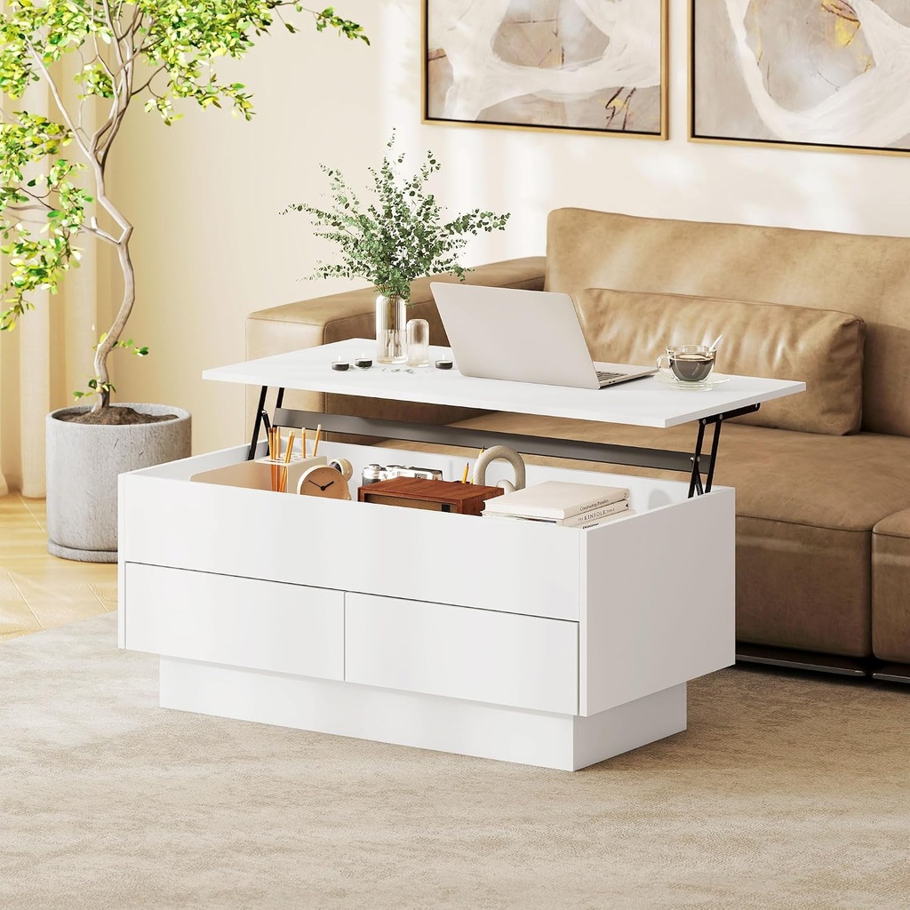HOMCOM Table Basse Relevable Moderne 2 Tiroirs 100 x 50 x 44 cm Blanc