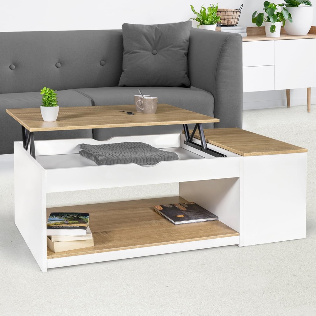 Table Basse Coffre Plateau relevable ELEA Blanc et Bois