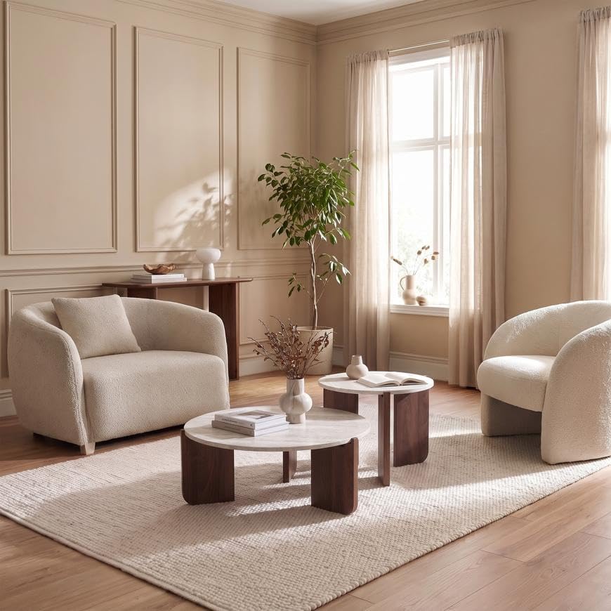 Lot De 2 Tables Basses Gigognes Rondes Jade Ø70 x 35 cm Et Ø50 x 45 cm – MDF Mélaminé Effet Travertin