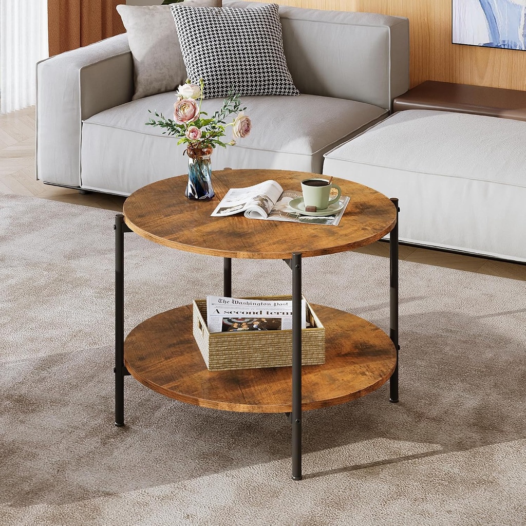WLIVE Table Basse Ronde 2 Étagères, 64x64x45 cm, Structure Métal et Plateau Bois, Pieds Réglables et Support en X, Brun Foncé