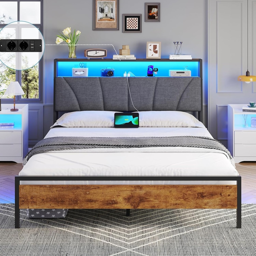 Brinlawb Cadre de lit 140 x 200 avec Sommier Métal, Lit 2 Personnes avec Lumières LED, Multiprise (2 Prises AC, 2 Ports USB) lit Double en Métal avec Rangement