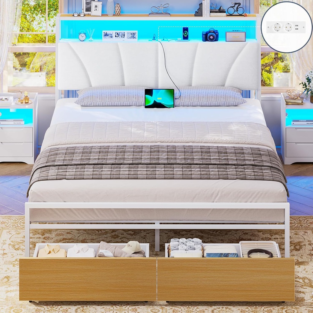 Brinlawb Cadre de Lit 140 x 190 avec Sommier en Métal, Lit 2 Personnes avec Lumières LED et Multiprise (2 Prises AC, 2 Ports USB-A)
